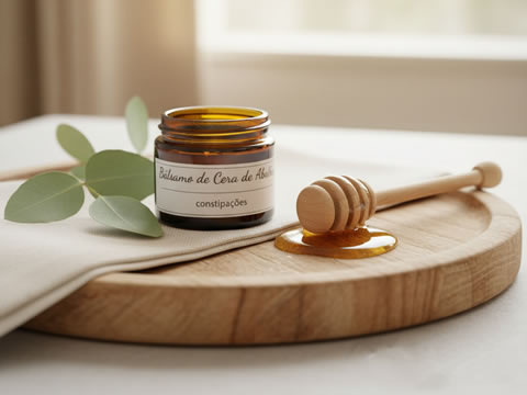 Tiegel mit Bienenwachsbalsam auf einem Holzbrett mit Dekoration
