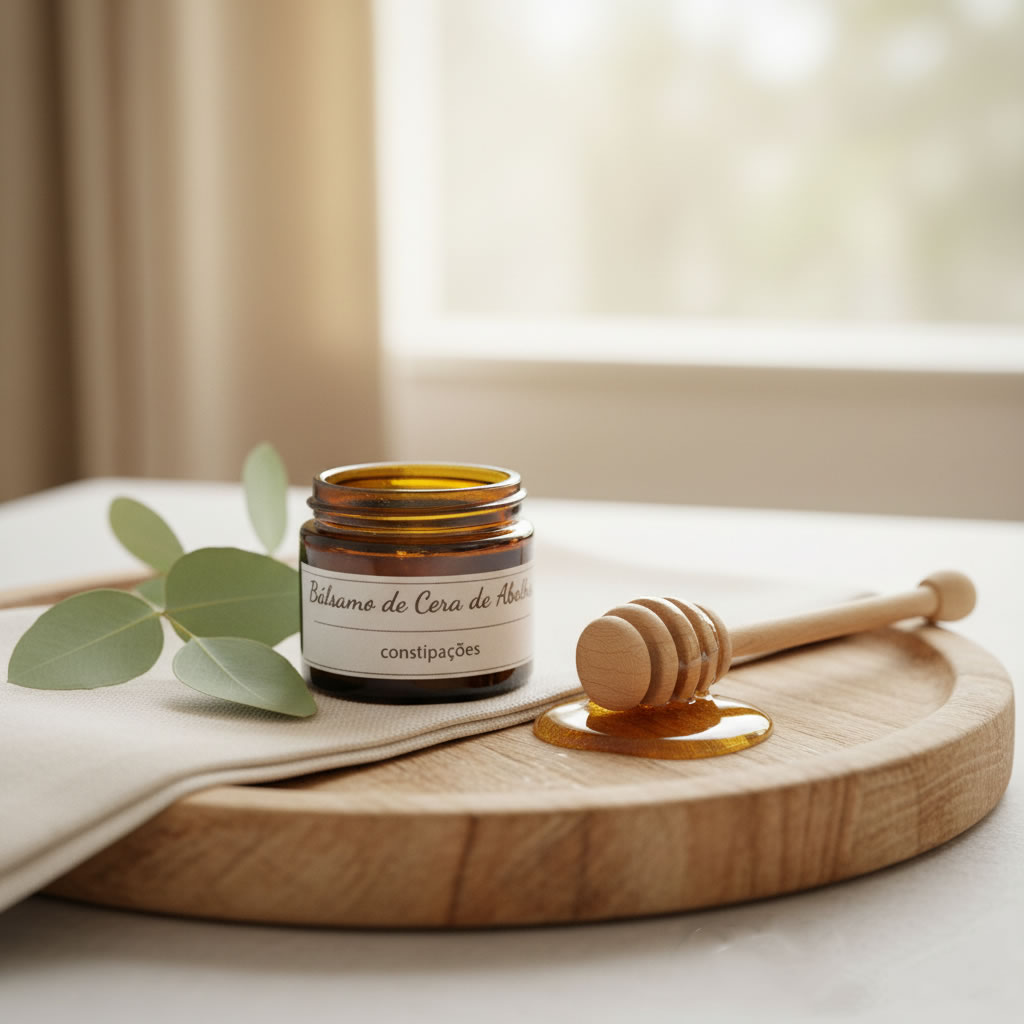 Tiegel mit Bienenwachsbalsam auf einem Holzbrett mit Dekoration