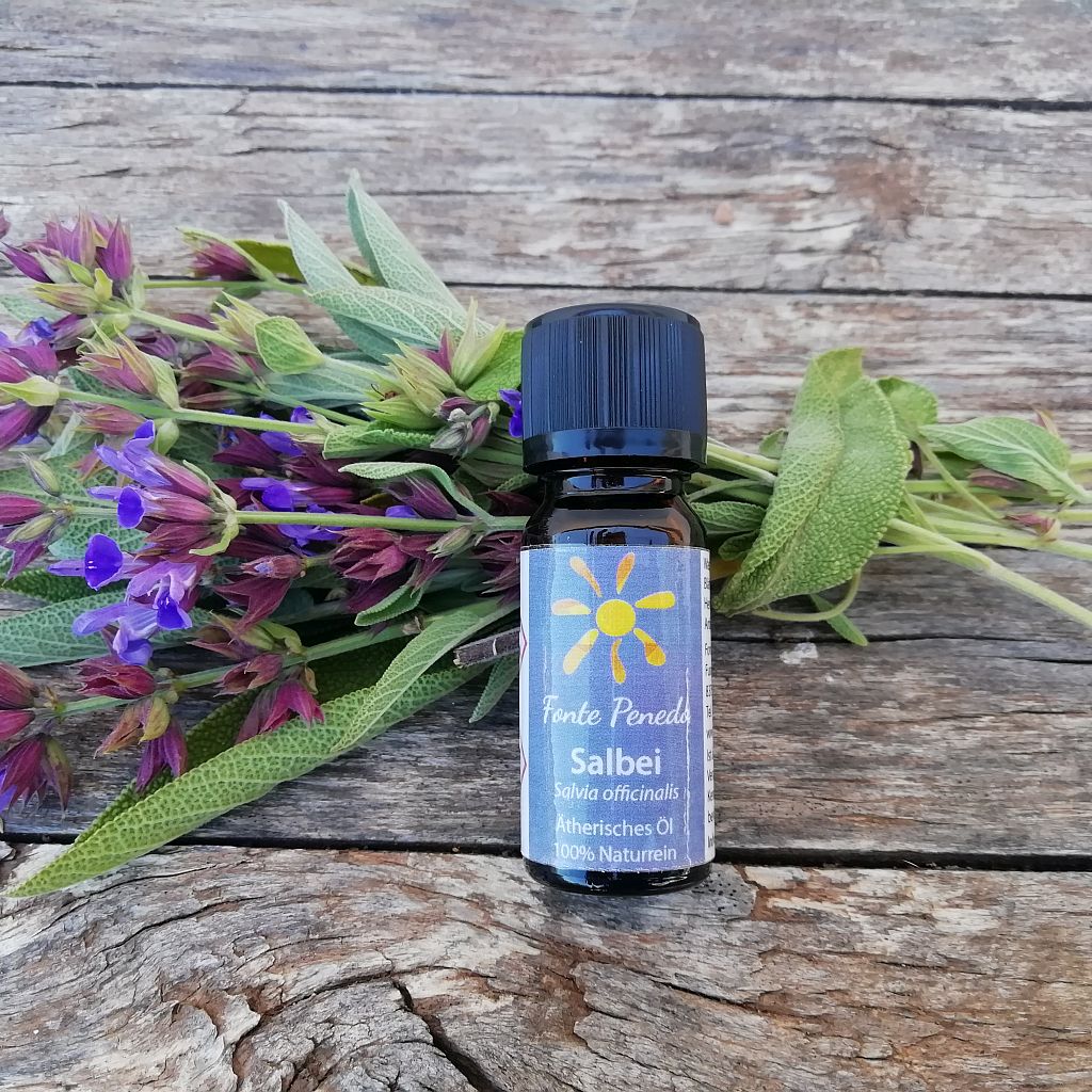 Flasche mit ätherischem Salbeiöl auf Salbeiblüten